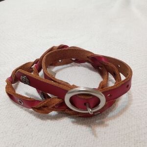 Red Fossil Flower Stud Skinny Belt Braided Leather Women's Size Large 35” - 39”